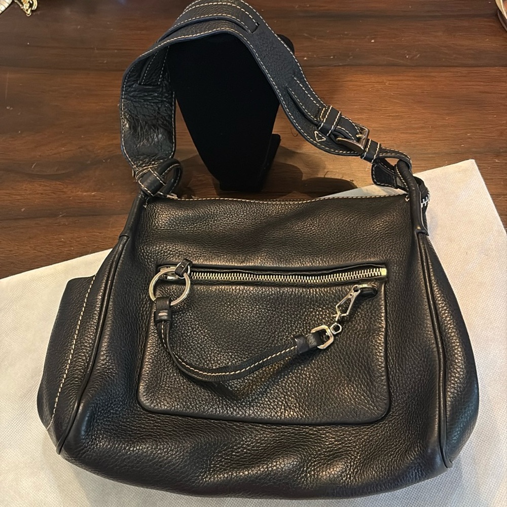 Prada Pebbled Leather Zip pocket front top zip wide strap buckle shoulder Bag